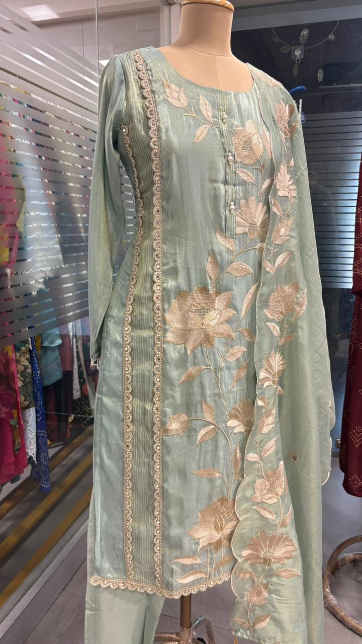 Resam Leaf Embroidered Decent Look Full Suit Set With Dupatta In Tissue Fabric & Pearl Touch- 11971, 11972