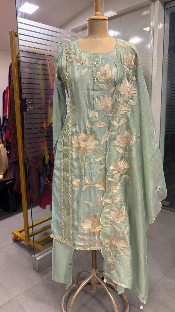 Resam Leaf Embroidered Decent Look Full Suit Set With Dupatta In Tissue Fabric & Pearl Touch- 11971, 11972