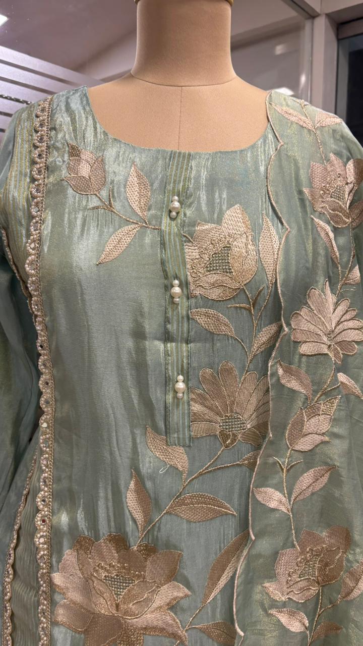 Resam Leaf Embroidered Decent Look Full Suit Set With Dupatta In Tissue Fabric & Pearl Touch- 11971, 11972