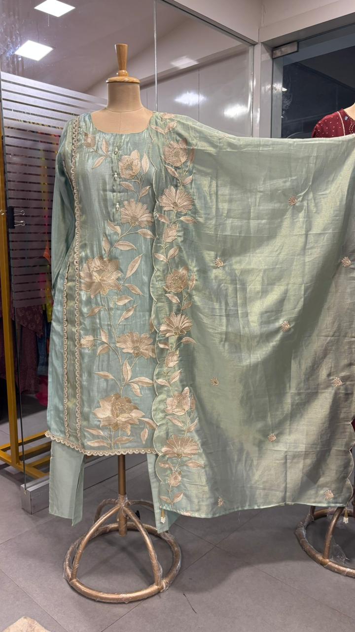 Resam Leaf Embroidered Decent Look Full Suit Set With Dupatta In Tissue Fabric & Pearl Touch- 11971, 11972