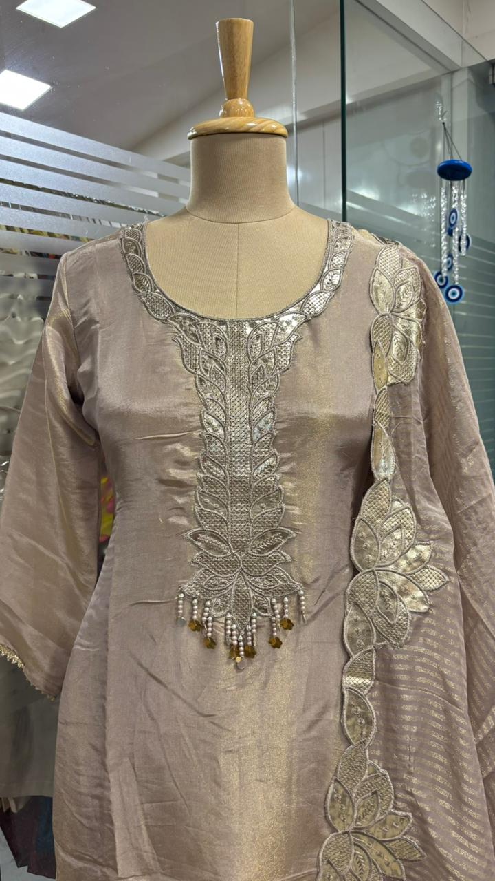 Leather Work Pearl Tassel Cut Work Full Suit Set With Dupatta In Tissue Fabric- 11968, 11969, 11970