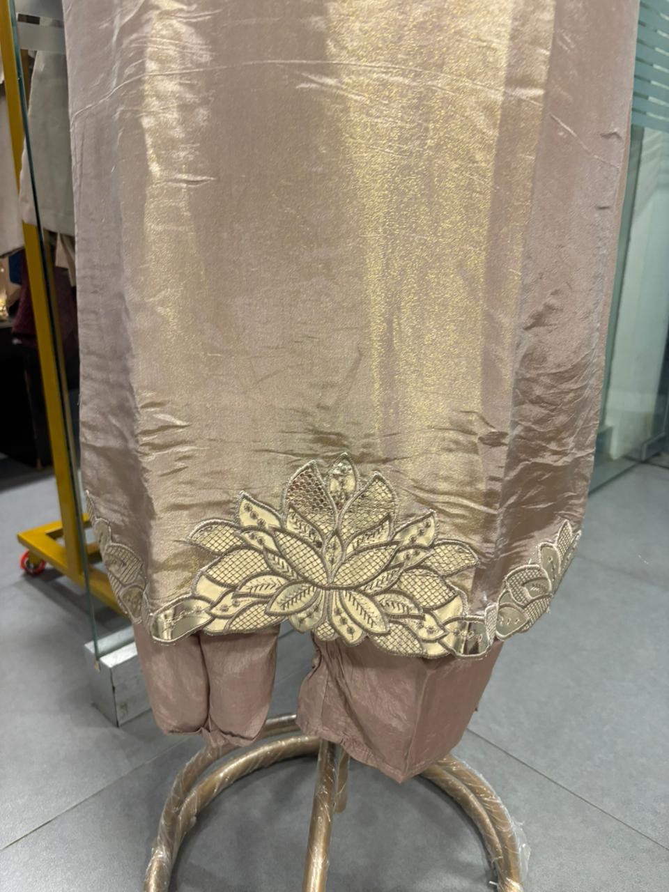 Leather Work Pearl Tassel Cut Work Full Suit Set With Dupatta In Tissue Fabric- 11968, 11969, 11970