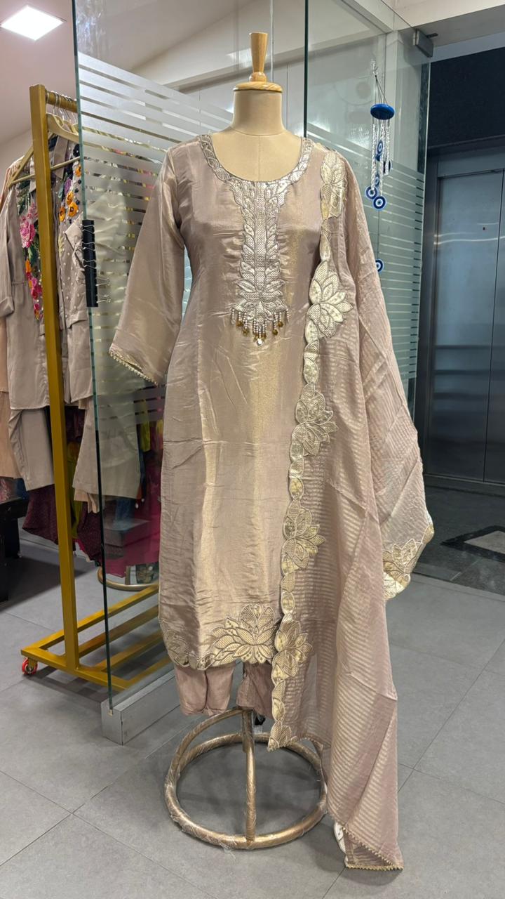 Leather Work Pearl Tassel Cut Work Full Suit Set With Dupatta In Tissue Fabric- 11968, 11969, 11970