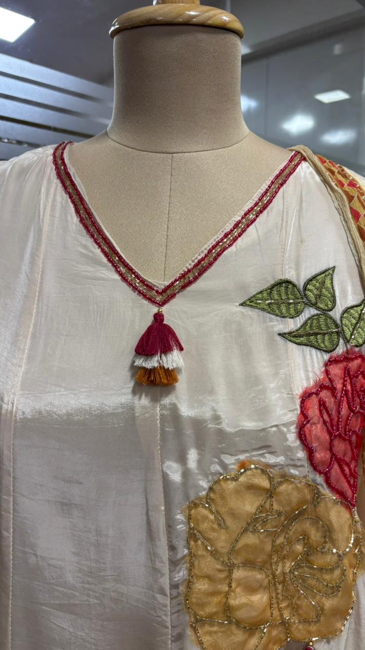 Floral Embroidered Work V-Neck Tassel A-Line Full Suit Set With Dupatta In Crepe Fabric- 11965, 11966