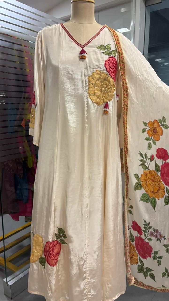 Floral Embroidered Work V-Neck Tassel A-Line Full Suit Set With Dupatta In Crepe Fabric- 11965, 11966