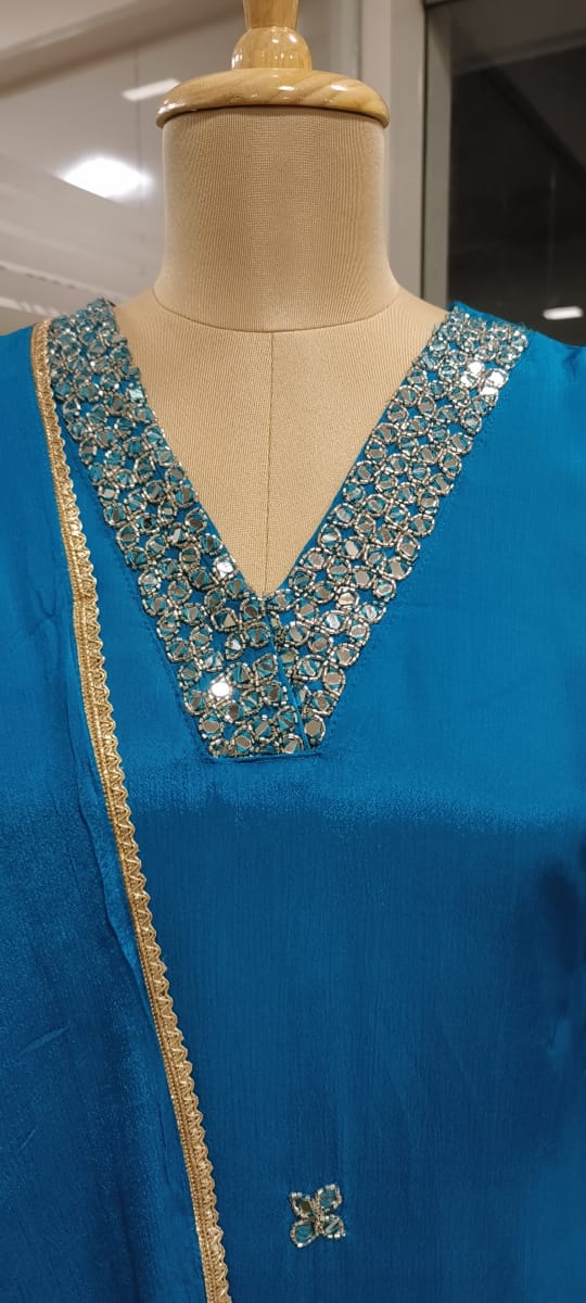 Sequenced Real Mirror Elegance Short Length Kurta With Loose Palazzo Bottom & Dupatta In Georgette Fabric- 11947