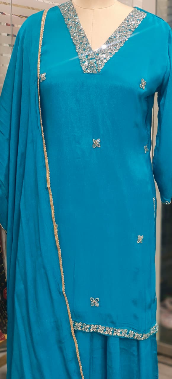 Sequenced Real Mirror Elegance Short Length Kurta With Loose Palazzo Bottom & Dupatta In Georgette Fabric- 11947