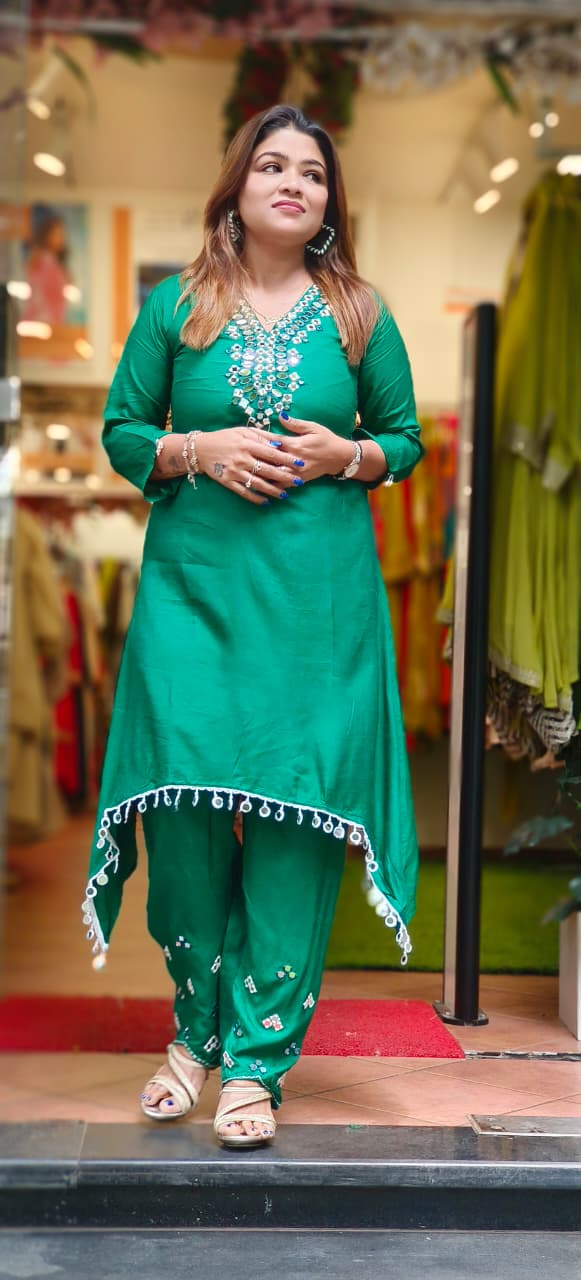 Real Mirror Front Neck Line Solid High Low Stylish Kurta Pant Set-12006,12007,12008,