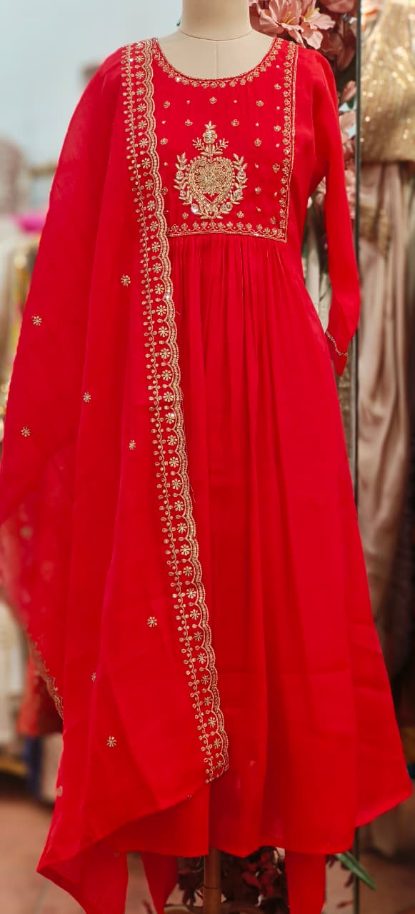 Elegant Gotta With Zardosi Work Anarkali Full Suit Set With Dupatta In Surat Mul Chanderi Fabric
