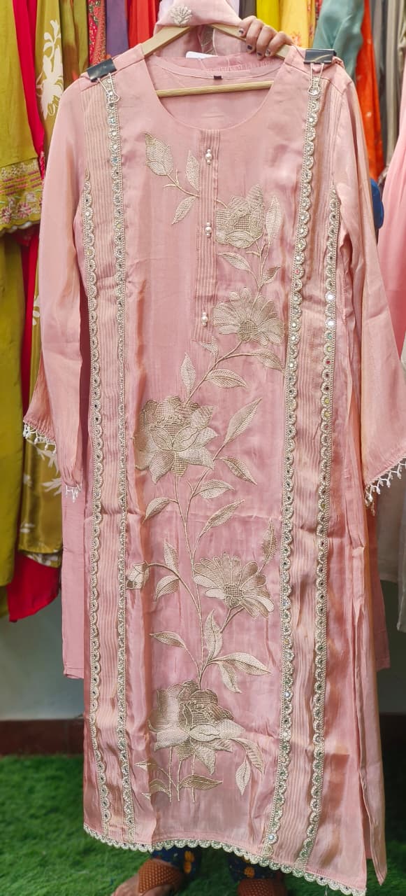 Resam Leaf Embroidered Decent Look Full Suit Set With Dupatta In Tissue Fabric & Pearl Touch- 11971, 11972