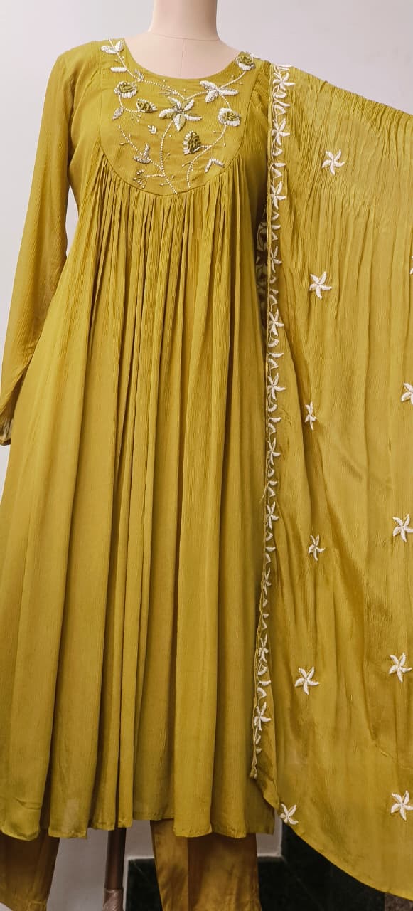 Thread Hand Work With Pearl & Cut Dana Touch Yoke Chinon Anarkali Full Suit Set With Dupatta- 11630, 11631