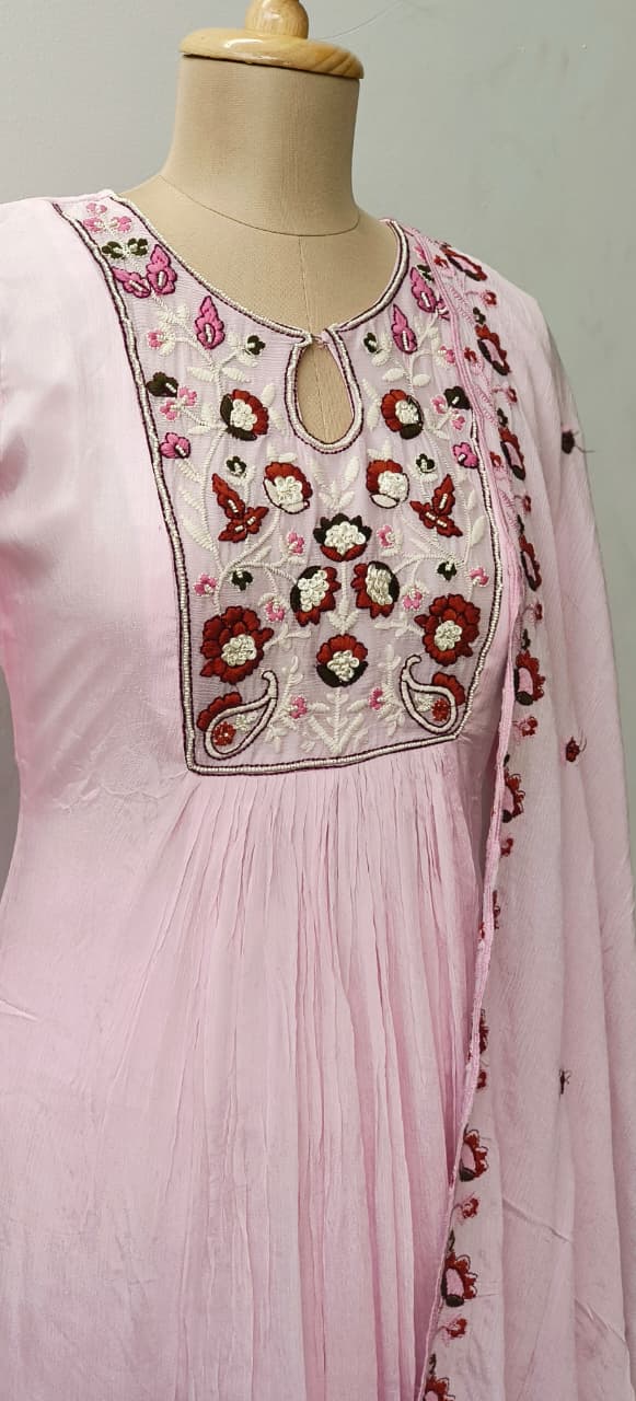 Complete Thread Embroidery Yoke Soft Tone Anarkali Full Suit Set With Dupatta In Chinon Fabric- 11730