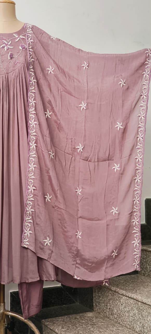 Thread Hand Work With Pearl & Cut Dana Touch Yoke Chinon Anarkali Full Suit Set With Dupatta- 11630, 11631