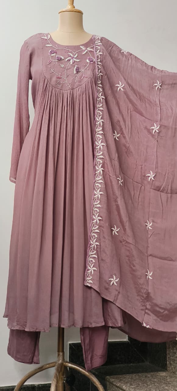 Thread Hand Work With Pearl & Cut Dana Touch Yoke Chinon Anarkali Full Suit Set With Dupatta- 11630, 11631