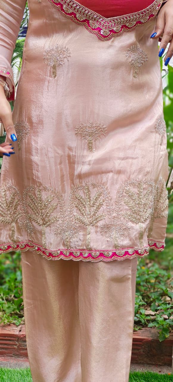Gulabi Blush Shimmery Detachable Buster With Beautiful Bordered Kurta With Bottom In Tissue Fabric-12020