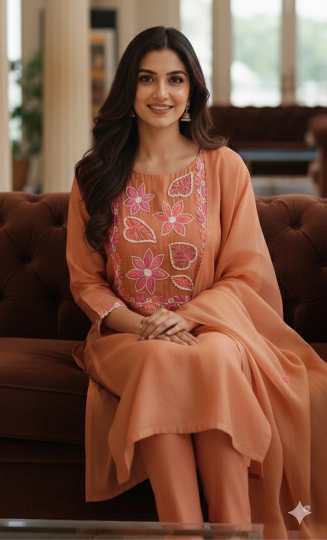 Katha Thread Embroidered Soft Tone Full Suit Set With Dupatta In Surat Mul Chanderi Fabric- 12002, 12005