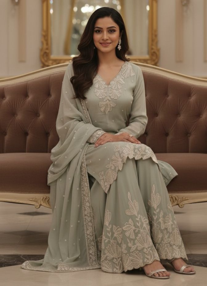 Graceful Pearl Scalap Overloaded Heavy Handwork Full Suit Set With Dupatta & Palazzo Bottom In Tissue Fabric