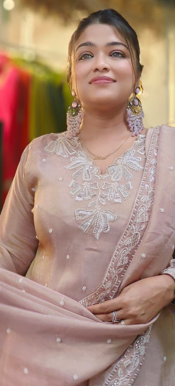 Graceful Pearl Scalap Overloaded Heavy Handwork Full Suit Set With Dupatta & Palazzo Bottom In Tissue Fabric