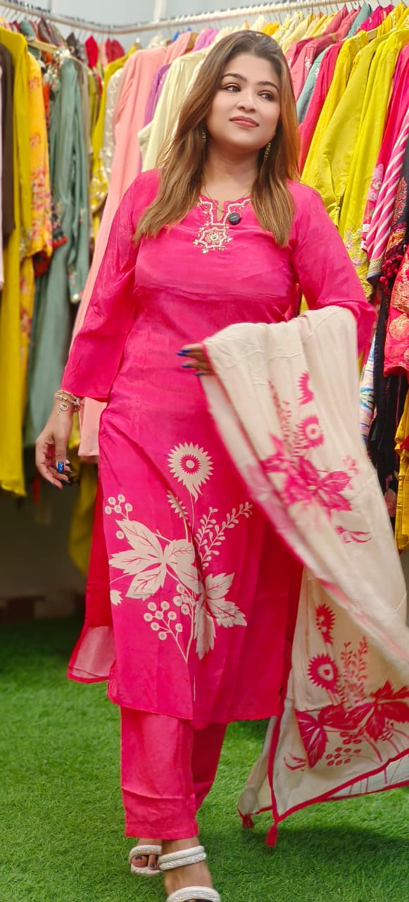 Minimal Neck Line Work Printed Beautiful Crepe Full Suit Set With Dupatta With Lining-11779,
