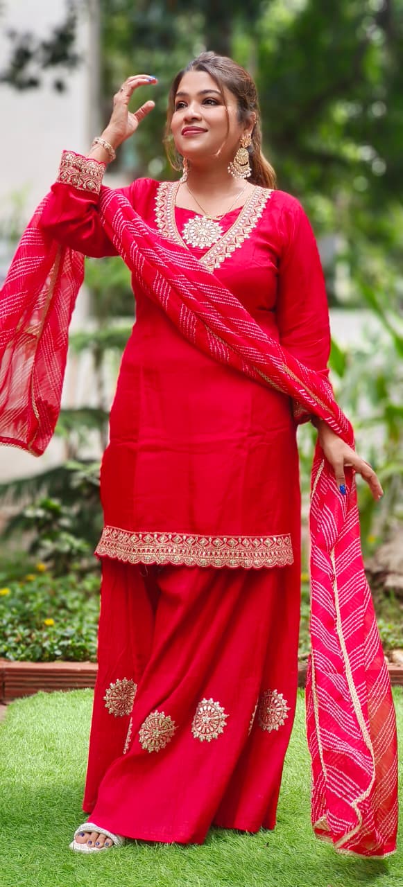 Beautiful Neck Line Front Work A-Line Russian Silk Full Suit Set With Dupatta & Mul Chanderi Palazzo Bottom (Loose Fit)- 11827