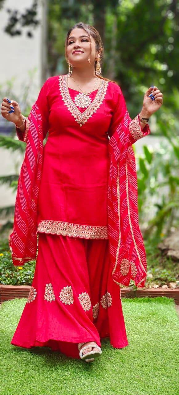 Beautiful Neck Line Front Work A-Line Russian Silk Full Suit Set With Dupatta & Mul Chanderi Palazzo Bottom (Loose Fit)- 11827