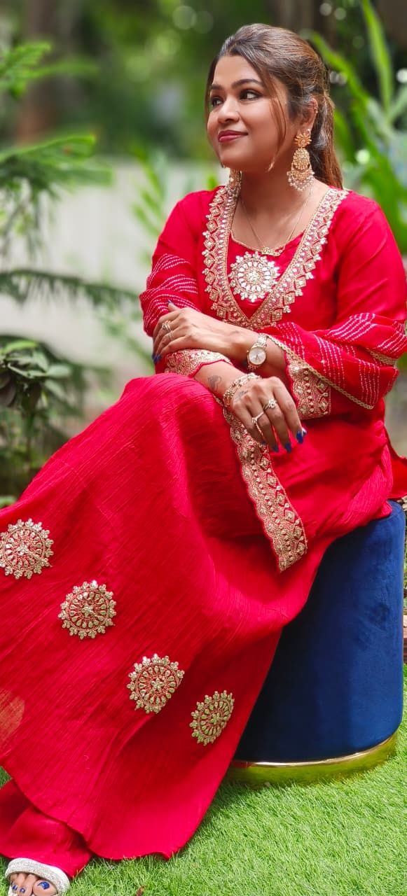 Beautiful Neck Line Front Work A-Line Russian Silk Full Suit Set With Dupatta & Mul Chanderi Palazzo Bottom (Loose Fit)- 11827