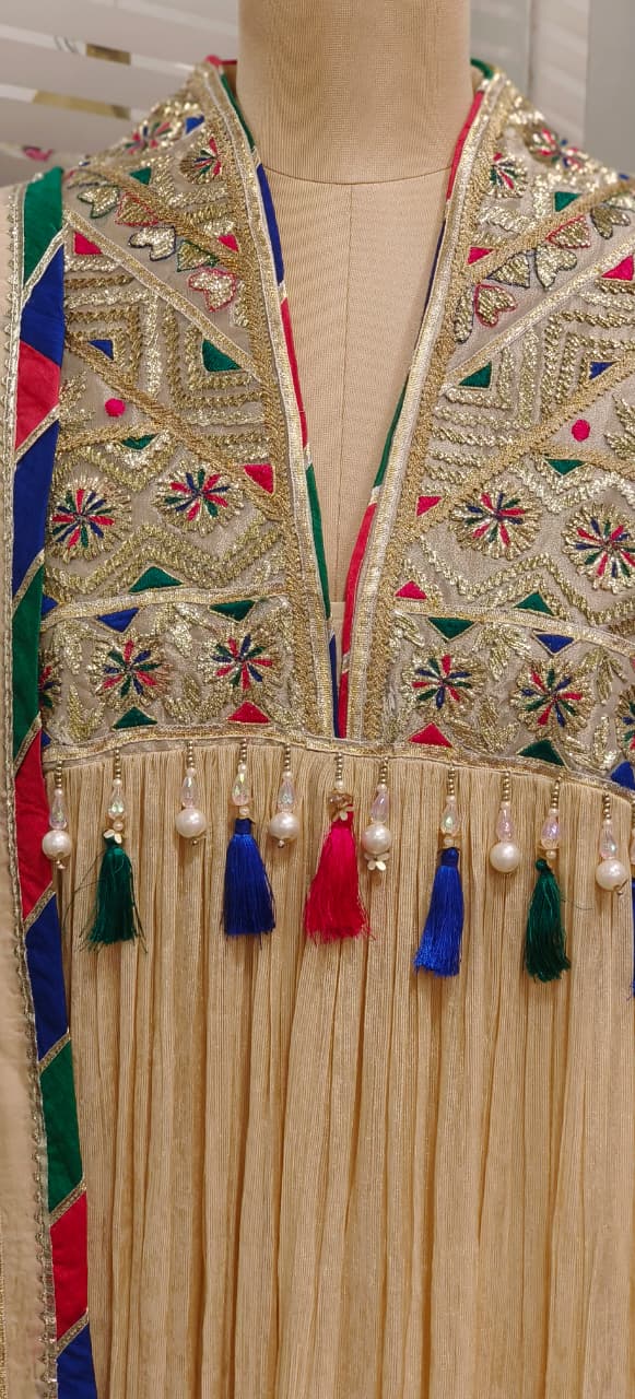 Pastel Shade Crushed Silk Anarkali With Heavy Mirror & Thread Embroidery On Yoke Multicolor Tassel Detailing Full Suit Set