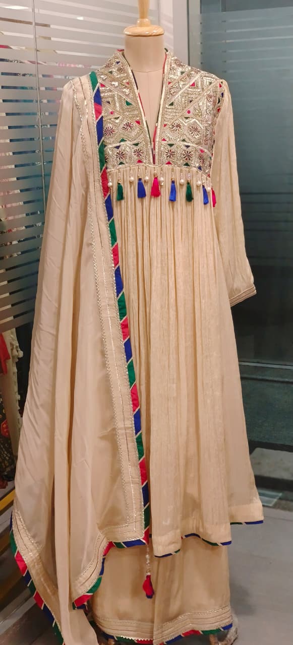 Pastel Shade Crushed Silk Anarkali With Heavy Mirror & Thread Embroidery On Yoke Multicolor Tassel Detailing Full Suit Set