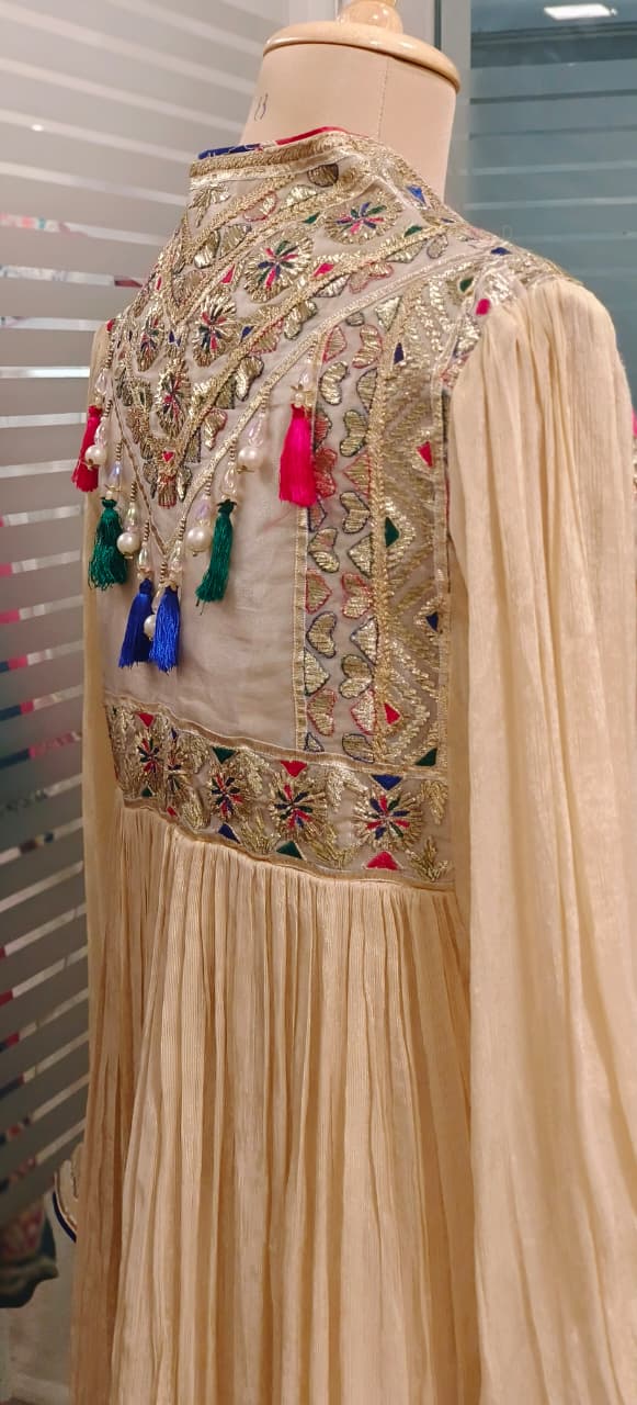 Pastel Shade Crushed Silk Anarkali With Heavy Mirror & Thread Embroidery On Yoke Multicolor Tassel Detailing Full Suit Set