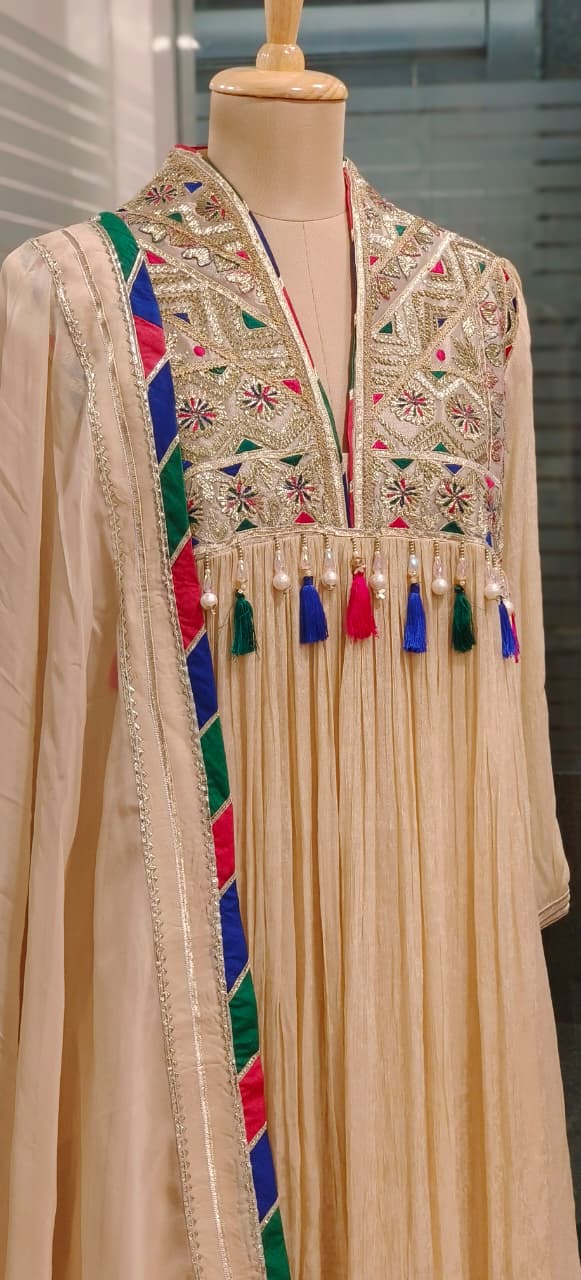 Pastel Shade Crushed Silk Anarkali With Heavy Mirror & Thread Embroidery On Yoke Multicolor Tassel Detailing Full Suit Set