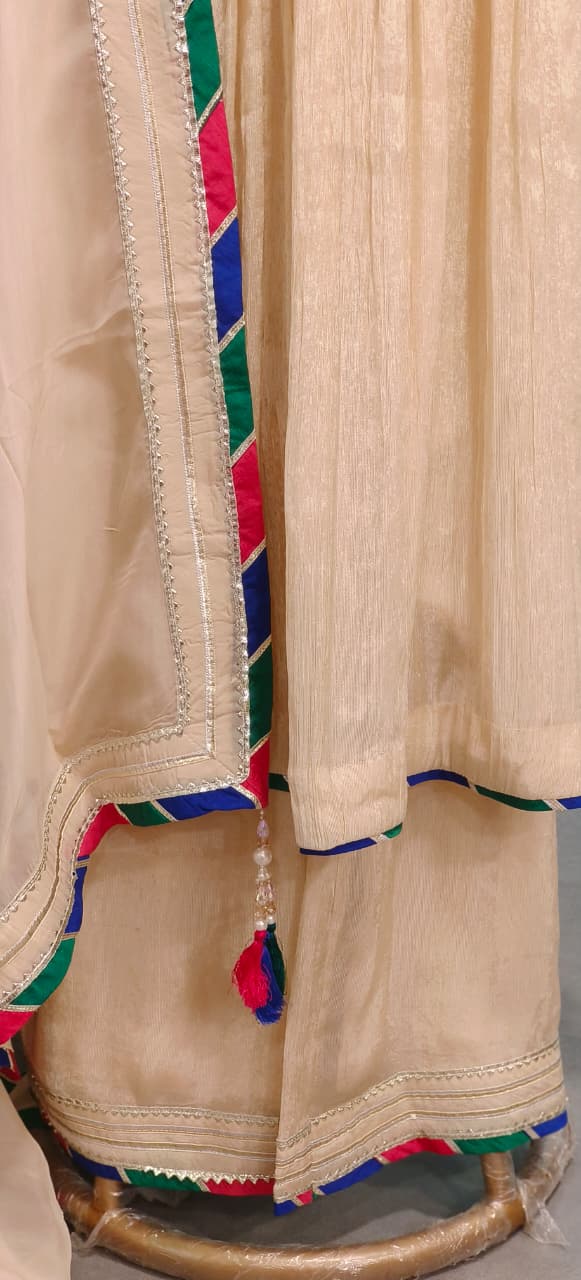 Pastel Shade Crushed Silk Anarkali With Heavy Mirror & Thread Embroidery On Yoke Multicolor Tassel Detailing Full Suit Set