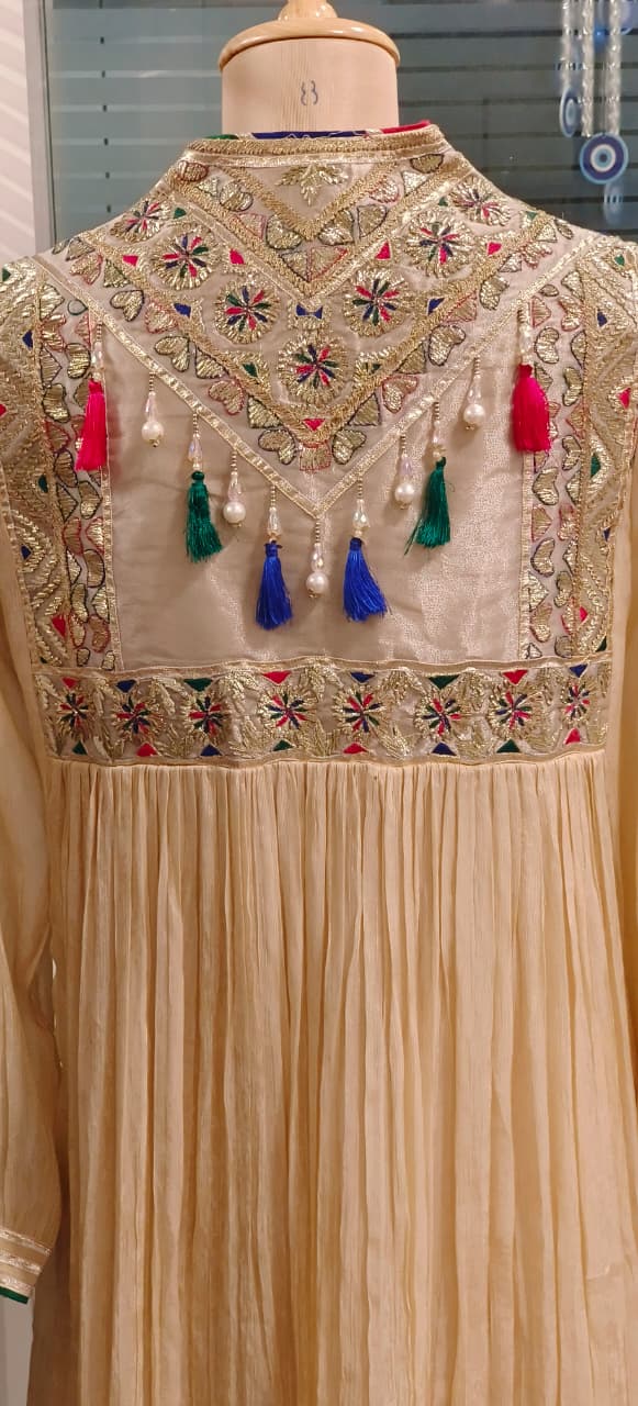 Pastel Shade Crushed Silk Anarkali With Heavy Mirror & Thread Embroidery On Yoke Multicolor Tassel Detailing Full Suit Set