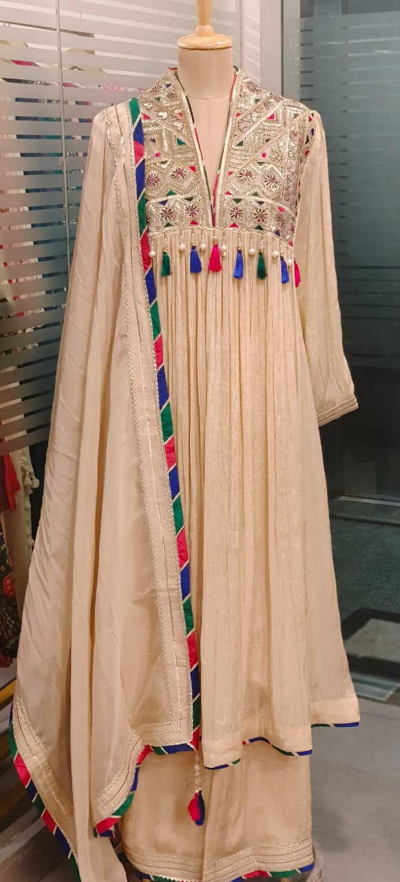 Pastel Shade Crushed Silk Anarkali With Heavy Mirror & Thread Embroidery On Yoke Multicolor Tassel Detailing Full Suit Set