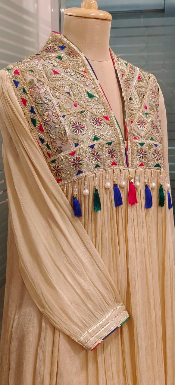 Pastel Shade Crushed Silk Anarkali With Heavy Mirror & Thread Embroidery On Yoke Multicolor Tassel Detailing Full Suit Set