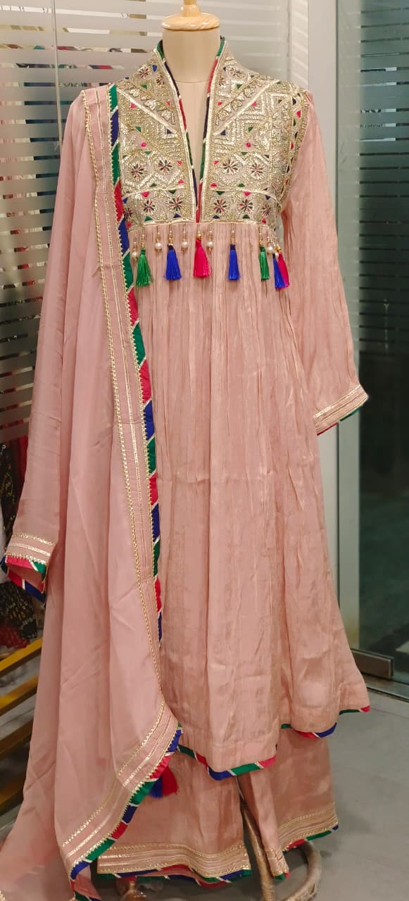 Pastel Shade Crushed Silk Anarkali With Heavy Mirror & Thread Embroidery On Yoke Multicolor Tassel Detailing Full Suit Set
