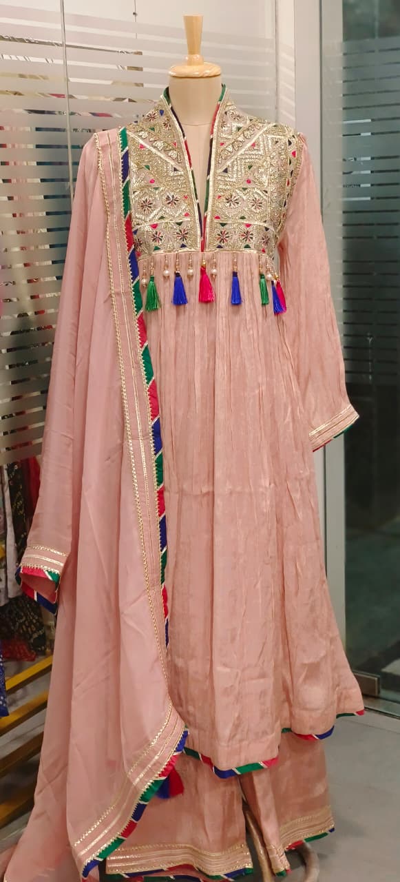 Pastel Shade Crushed Silk Anarkali With Heavy Mirror & Thread Embroidery On Yoke Multicolor Tassel Detailing Full Suit Set