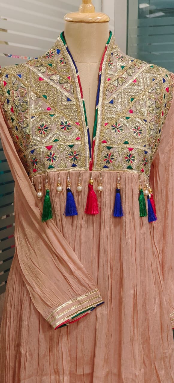 Pastel Shade Crushed Silk Anarkali With Heavy Mirror & Thread Embroidery On Yoke Multicolor Tassel Detailing Full Suit Set