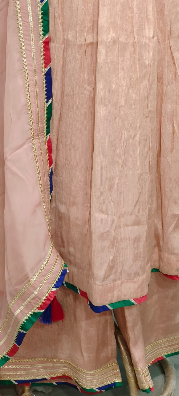 Pastel Shade Crushed Silk Anarkali With Heavy Mirror & Thread Embroidery On Yoke Multicolor Tassel Detailing Full Suit Set