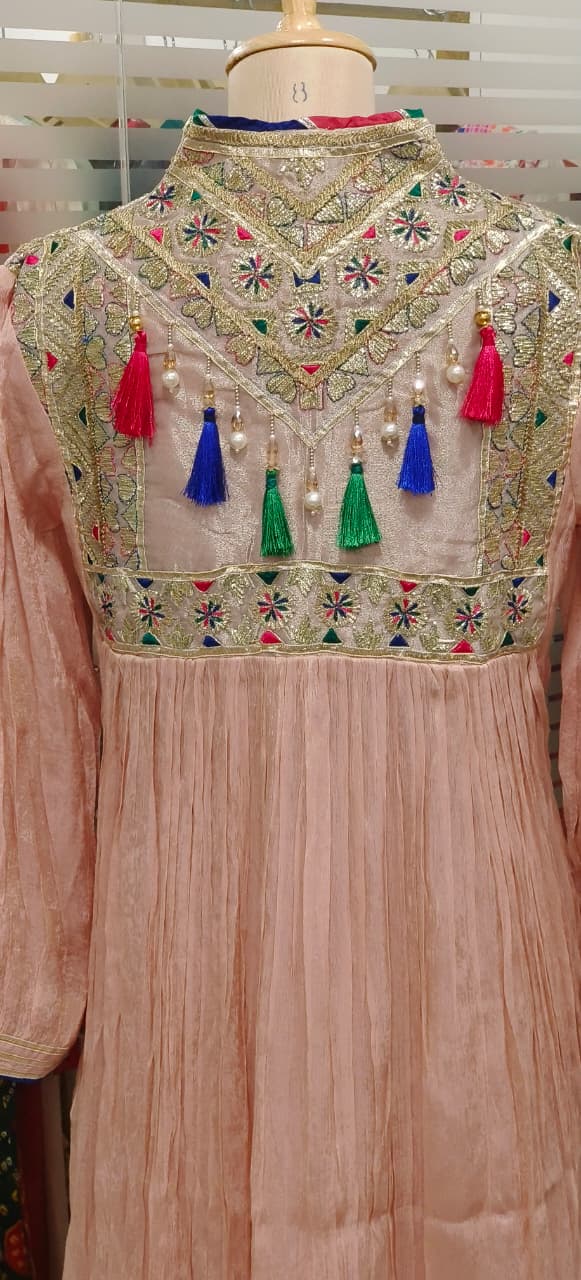 Pastel Shade Crushed Silk Anarkali With Heavy Mirror & Thread Embroidery On Yoke Multicolor Tassel Detailing Full Suit Set
