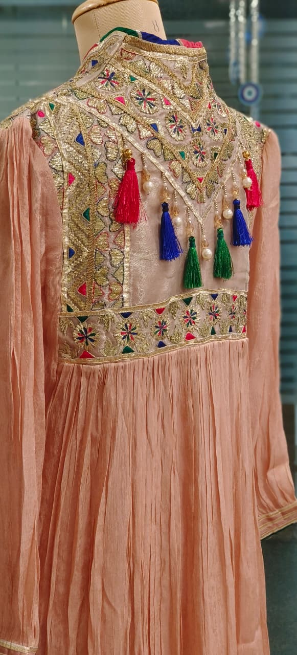 Pastel Shade Crushed Silk Anarkali With Heavy Mirror & Thread Embroidery On Yoke Multicolor Tassel Detailing Full Suit Set