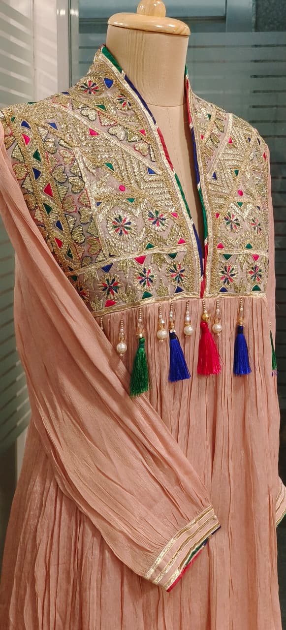 Pastel Shade Crushed Silk Anarkali With Heavy Mirror & Thread Embroidery On Yoke Multicolor Tassel Detailing Full Suit Set