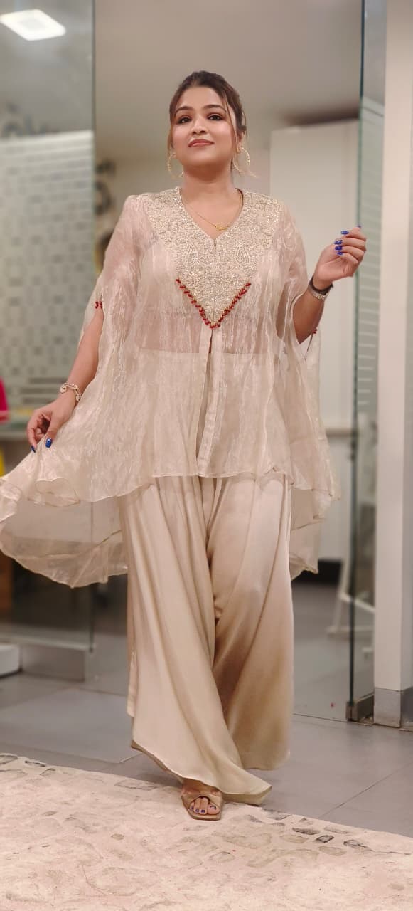 Royal Zardosi Embroidered Pure Tissue Kaftan With Padded Buster & Stylish Cowl Style Box Crepe Bottom