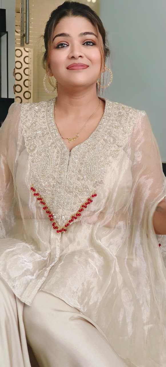 Royal Zardosi Embroidered Pure Tissue Kaftan With Padded Buster & Stylish Cowl Style Box Crepe Bottom