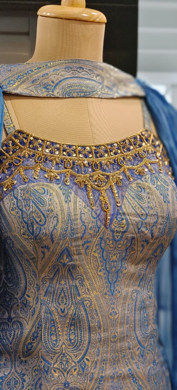 Neck Piece Look Jewel Handwork Pure Brocade Sleeveless Padded Short Length Kurta With Flared Palazzo Bottom & Choker Dupatta