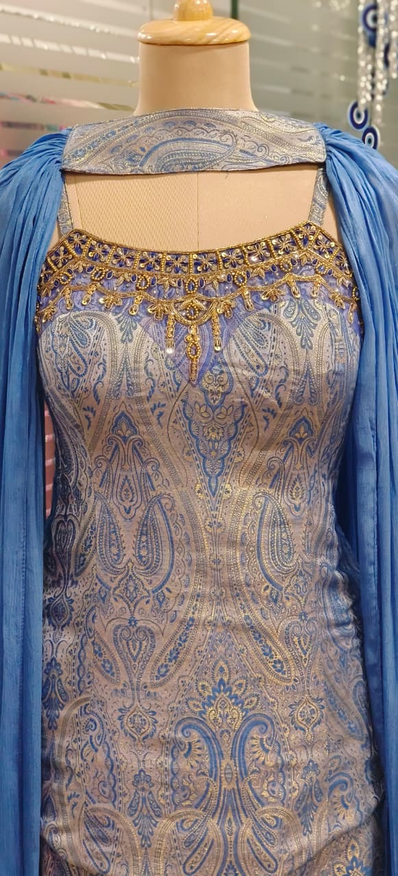 Neck Piece Look Jewel Handwork Pure Brocade Sleeveless Padded Short Length Kurta With Flared Palazzo Bottom & Choker Dupatta