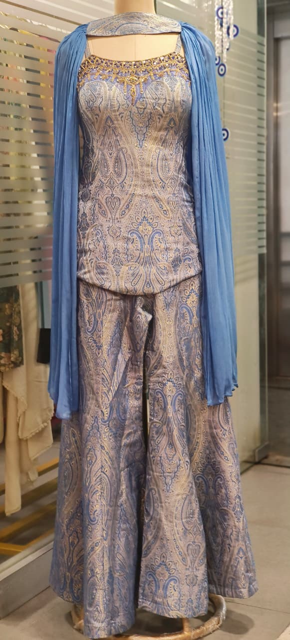 Neck Piece Look Jewel Handwork Pure Brocade Sleeveless Padded Short Length Kurta With Flared Palazzo Bottom & Choker Dupatta