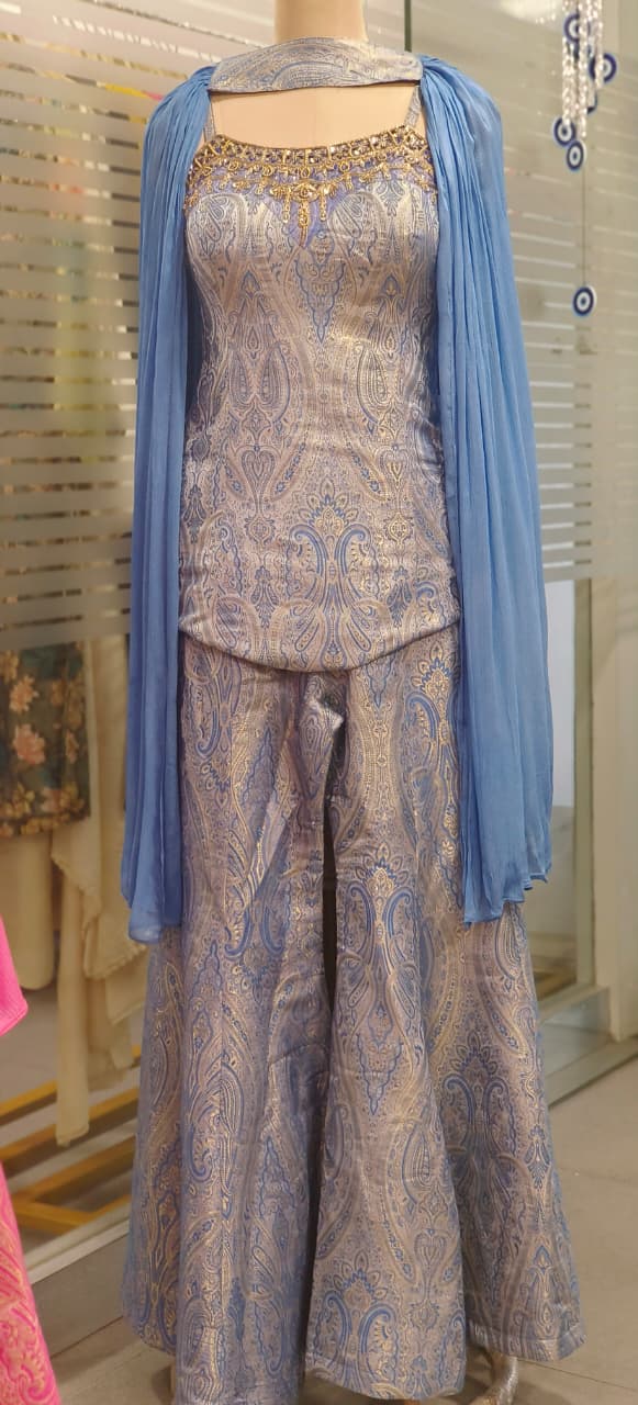 Neck Piece Look Jewel Handwork Pure Brocade Sleeveless Padded Short Length Kurta With Flared Palazzo Bottom & Choker Dupatta