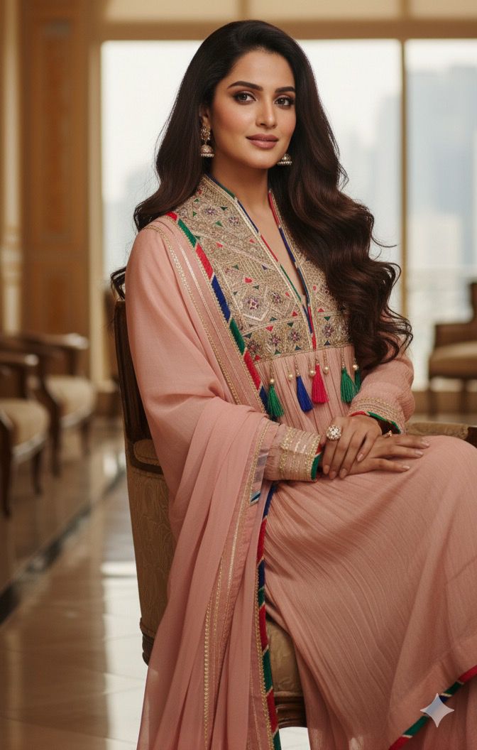 Pastel Shade Crushed Silk Anarkali With Heavy Mirror & Thread Embroidery On Yoke Multicolor Tassel Detailing Full Suit Set