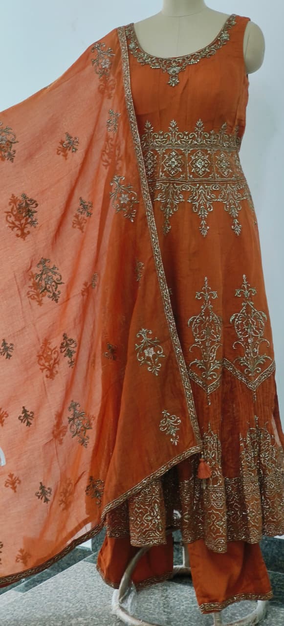 Premium Zardosi Placement Work Padded Sleeveless Flared Anarkali Suit With Dupatta In Pure Fabric- 12042