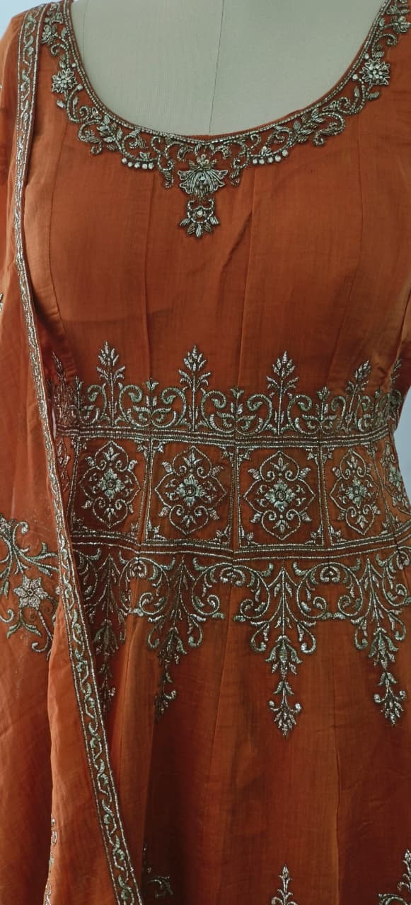 Premium Zardosi Placement Work Padded Sleeveless Flared Anarkali Suit With Dupatta In Pure Fabric- 12042